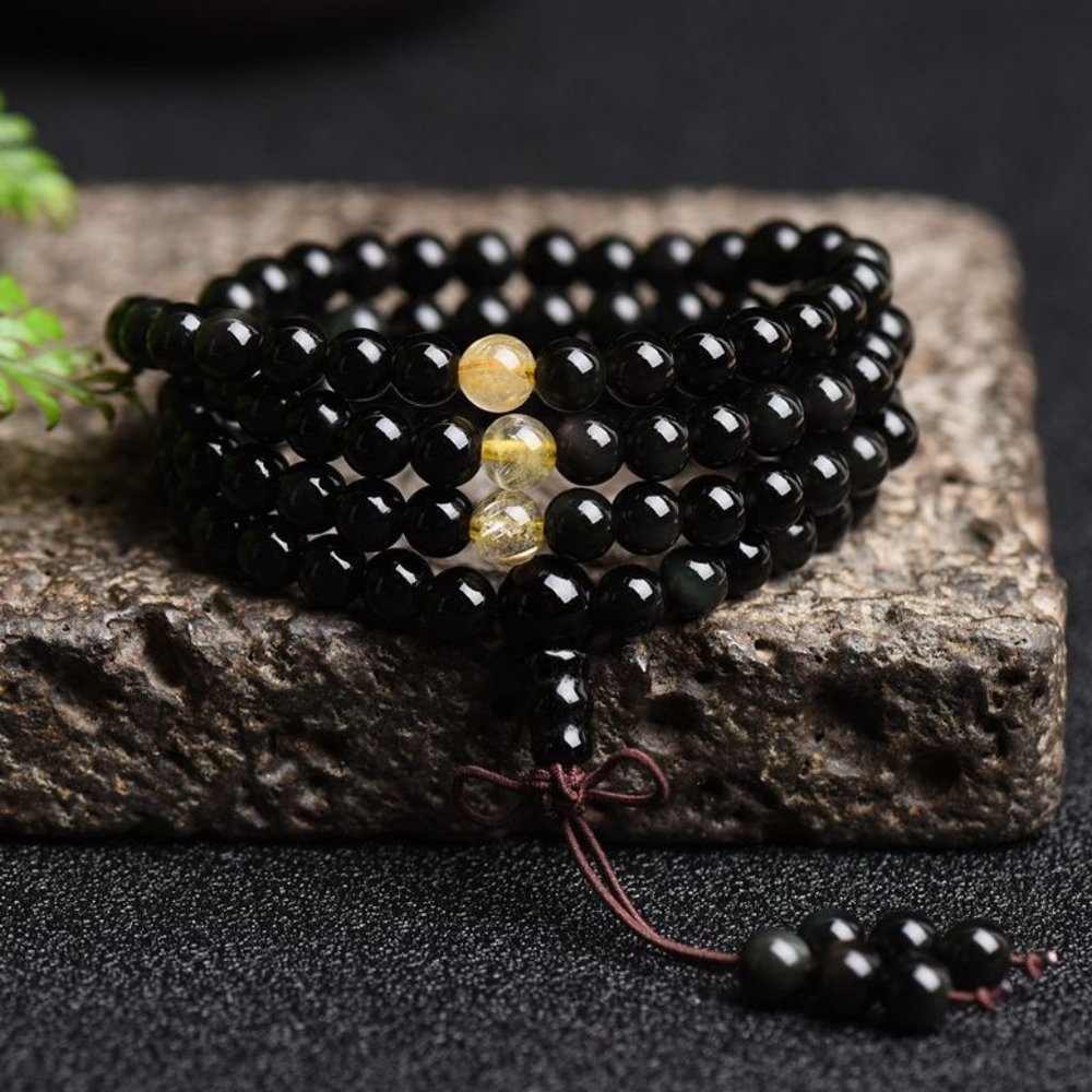 Black Obsidian Citrine 108 Mala Bead Prayer Necklace Healing Protection Bracelet